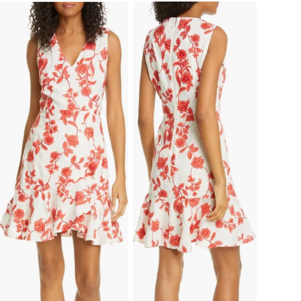 Rebecca Taylor Scarlet Embroidered Floral Sleeveless Linen Dress Size 6